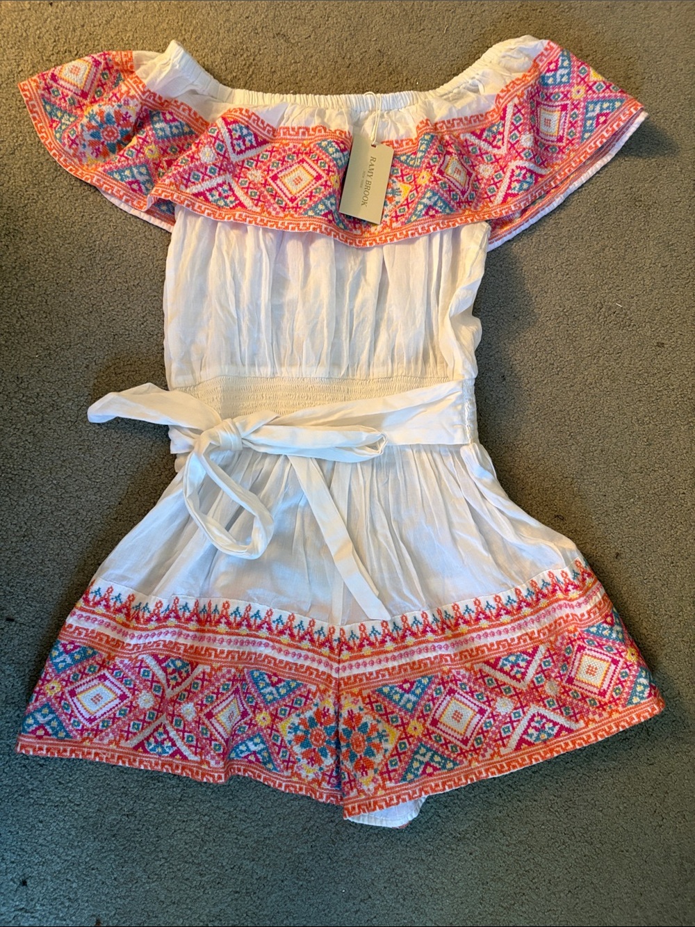 Ramy Brook Off-Shoulder Embroidered Birdie Romper with Pink Multi Border